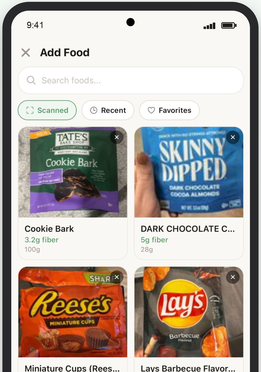 Scanned products list in FiberUp showing cookie bark, dark chocolate almonds, and chips with fiber per serving