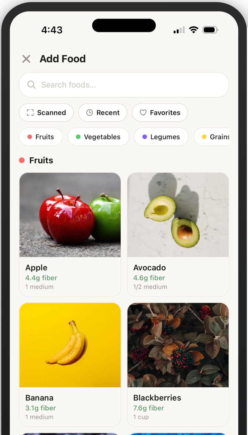 FiberUp food database with photo cards for apple, avocado, banana, and blackberries